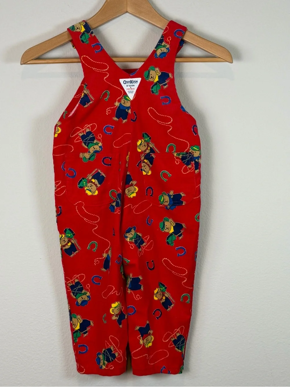 Vintage OshKosh B’gosh VESTBAK Overalls Cowboys Bears Red 2T Months USA Made